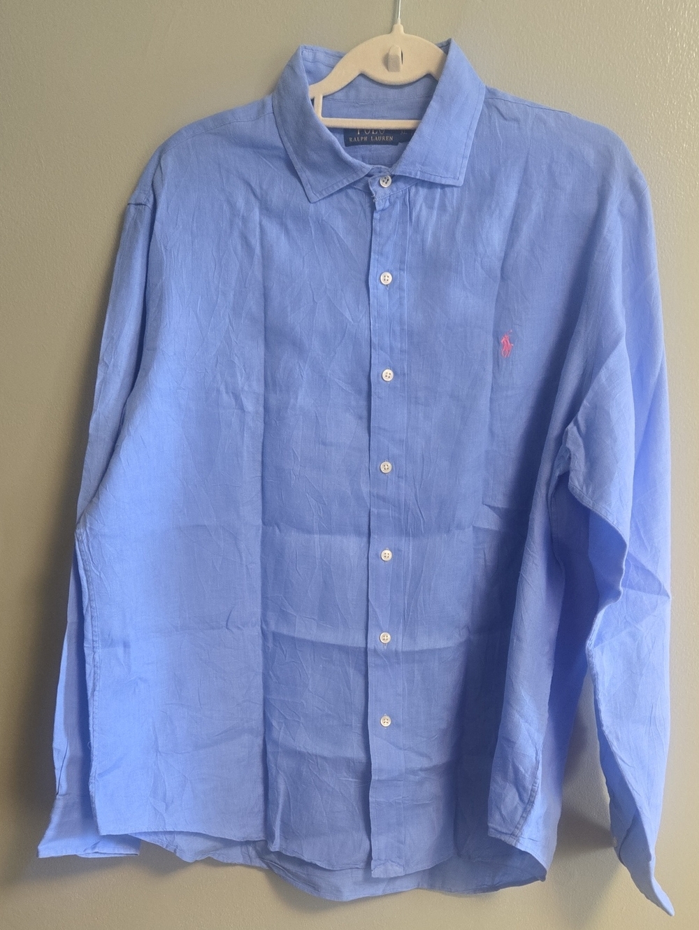 Polo Ralph Lauren Linen Blue Button Up Shirt Mens XL Long Sleeve Pink Pony